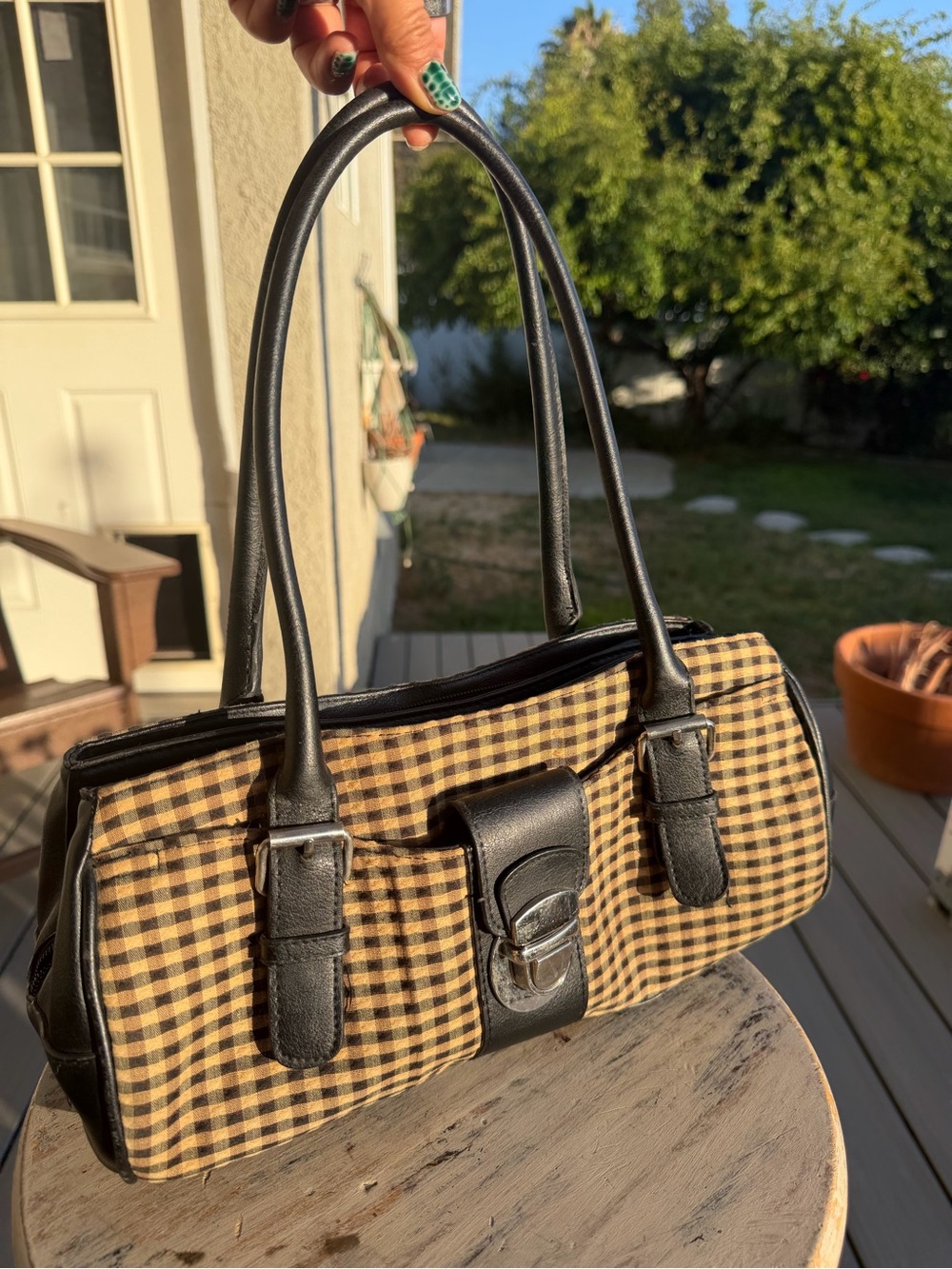 Longaberger Black and Brown Gingham Shoulder Bag